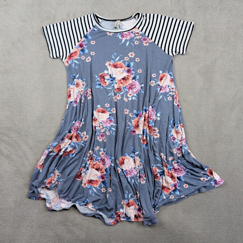 Pomelo Tween LG Floral Raglan Tunic Top Vintage Boho Striped Sleeve Grey Rayon